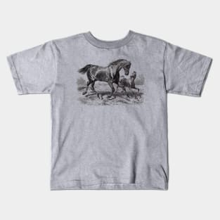 Horse Black & White Illustration - A Mare with a Foal Kids T-Shirt